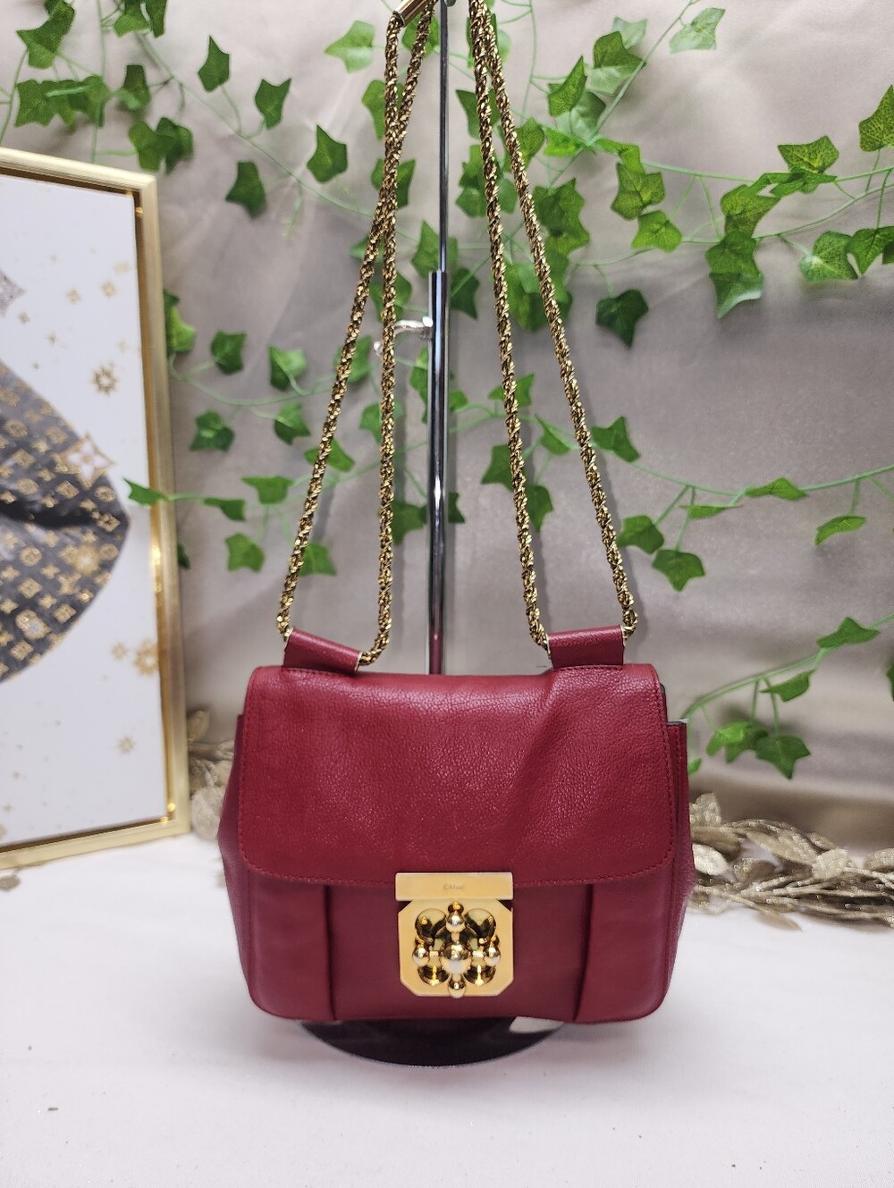 Authentic Chloe Red Leather Small Elsie Chain Shoulder Bag